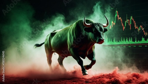 Bull running against a financial chart - forex trading, crypto concept