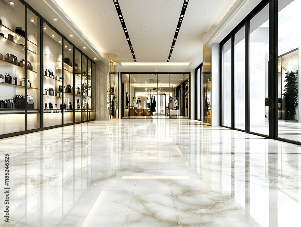 A luxurious retail space with marble flooring and elegant displays. A luxurious retail space with marble flooring and elegant displays.