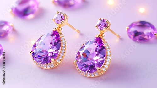 Elegant purple gemstone earrings with gold setting, surrounded by loose gems on pink background with bokeh lights. photo