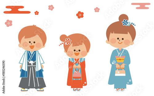 日本の七五三　日本の着物を着た子供たち　かわいいイラスト