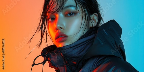 Half-body portrait of a model wearing a slim-fit windbreaker with nano-fabric textures and integrated motion sensors paired with a minimalist scarf captured in a studio with gradient lighting  photo