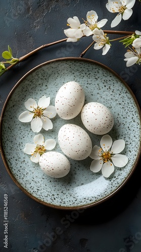 Delicate white eggs and blossoms on a textured plate. photo