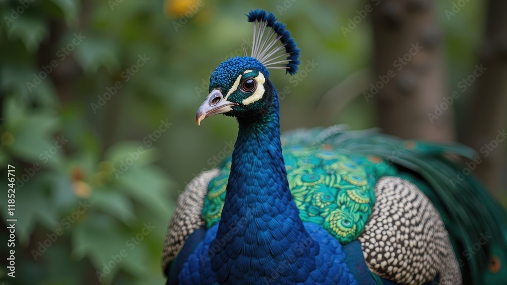custom made wallpaper toronto digitalA vibrant peacock's head and neck in sharp focus, its piercing gaze directed leftward amidst a kaleidoscope of emerald, sapphire, and golden feathers on its majestic back