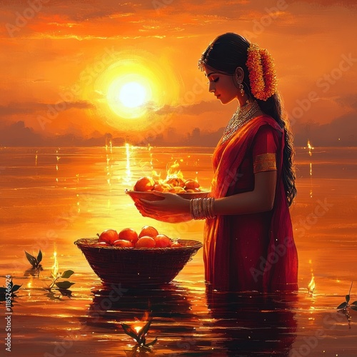 Sunset Ritual of Chhath Puja with Woman Offering Fruits by the River photo