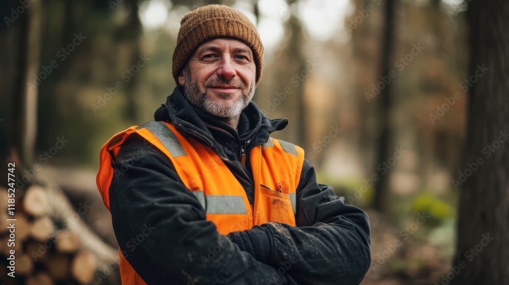 Confident Forester: A seasoned forester with a warm smile and a confident stance, stands proudly amidst the towering trees and stacked firewood. The man wears a bright orange safety vest. Confident Forester: A seasoned forester with a warm smile and a confident stance, stands proudly amidst the towering trees and stacked firewood. The man wears a bright orange safety vest.