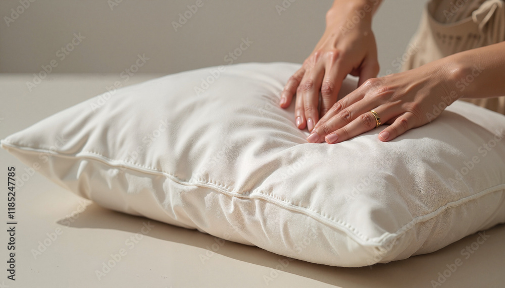 Hands pressing white pillow on smooth surface Hands pressing white pillow on smooth surface