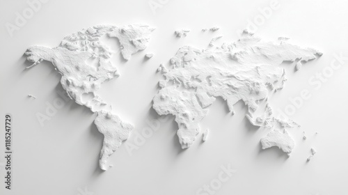 a white world map made of paper on a white background