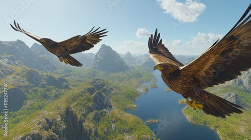 Two eagles soar above a scenic mountain valley with a lake.  Majestic birds of prey fly high over a lush landscape.  Wildlife, nature, freedom, flight, powerful, wildlife, aerial, view, nature, mounta photo