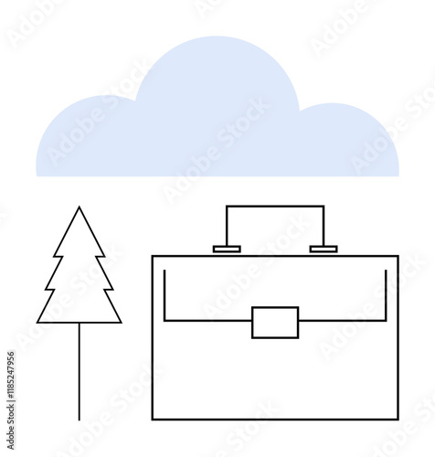 Line-art briefcase with a pine tree and soft cloud. Ideal for work-life balance, office concepts, career growth, environmental themes, simplicity, outdoor lifestyle, abstract line flat metaphor