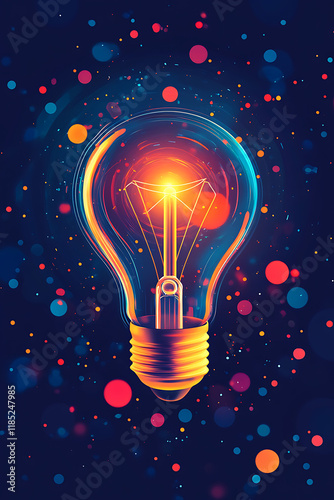 A vibrant light bulb emitting energy, surrounded by colorful dots in a cosmic backdrop.