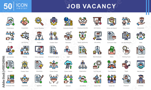 Job Vacancy icon collection set. Containing online job search, requirements, recruiting, employment, human resource management, employee skills, career ladder icon. Simple vector illustration.