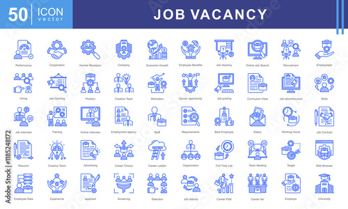 Job Vacancy icon collection set. Containing online job search, requirements, recruiting, employment, human resource management, employee skills, career ladder icon. Simple vector illustration.