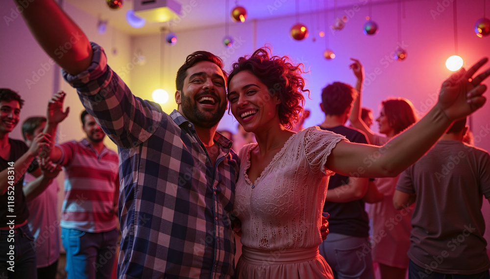 Happy couple dancing at a festive party with colorful lights Happy couple dancing at a festive party with colorful lights