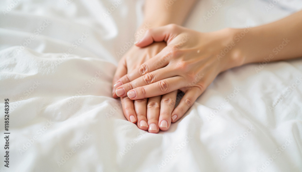 Hands gently resting on soft white bedding Hands gently resting on soft white bedding