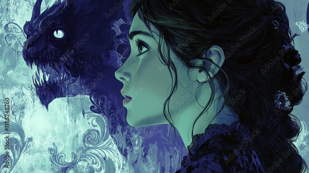Fototapeta premium A young woman's profile viewed with a hauntingly ethereal shadow, embodying a mysterious atmosphere that blurs the line between fantasy and reality.