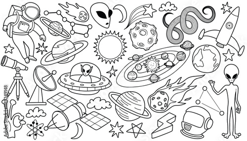 Hand drawn outer space element with doodle style on white background.