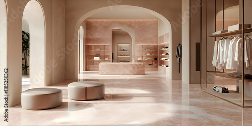 Modern retail space featuring minimalist design and soft pastel tones. photo