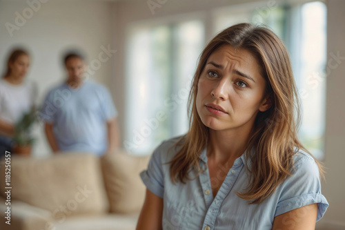 Upset woman with blurred living room and man in house. Family quarrel. Relationship problem in family, misunderstanding, financial problems