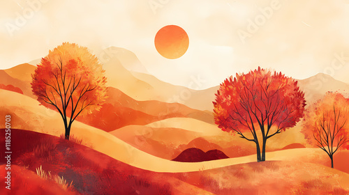 Create a harmonious colour palette, emphasizing the warm oranges, deep reds, and golden yellows of the season. ai generated. Sunglow. Illustration photo