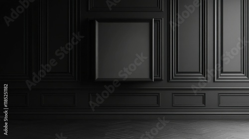 a black room with a chair and a picture frame