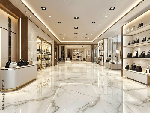 A luxurious retail store interior showcasing handbags and accessories.