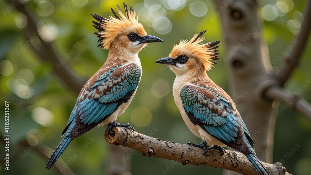 Fototapeta premium A vibrant duo perches on a branch, beaks inches apart, as one bird's bright orange-yellow head turns to gaze at its matching counterpart with a sleek black beak