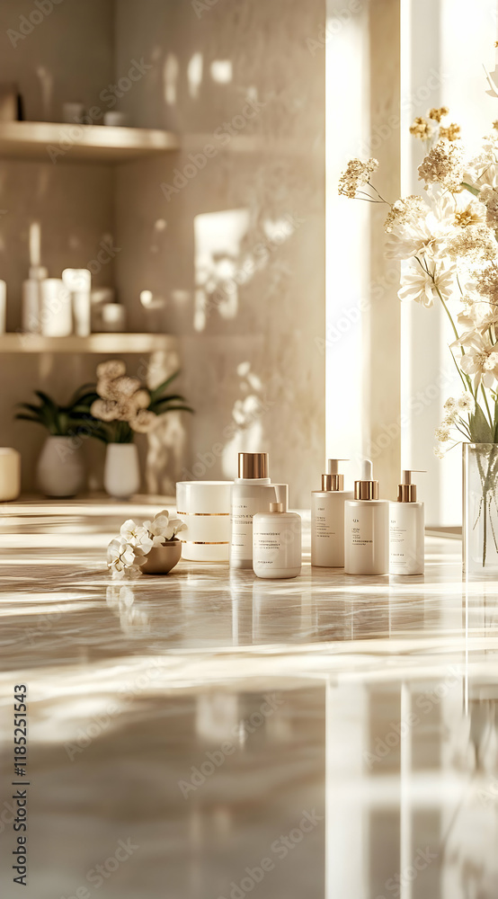 A serene spa setting featuring elegant skincare products and floral decor. A serene spa setting featuring elegant skincare products and floral decor.