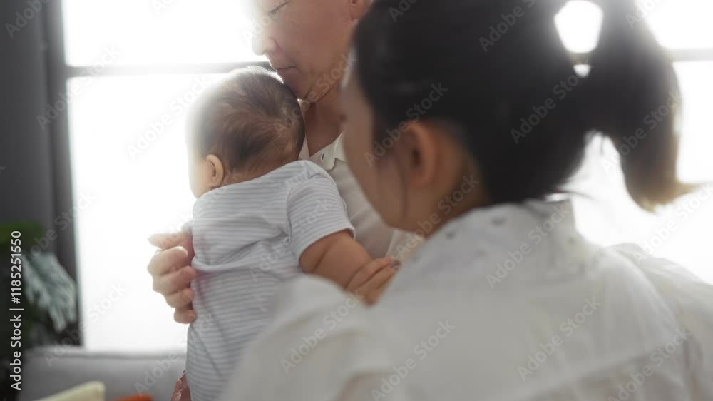 Family indoors with mother and father holding baby boy in a living room setting, showcasing love and togetherness in a warm, intimate environment. Family indoors with mother and father holding baby boy in a living room setting, showcasing love and togetherness in a warm, intimate environment.