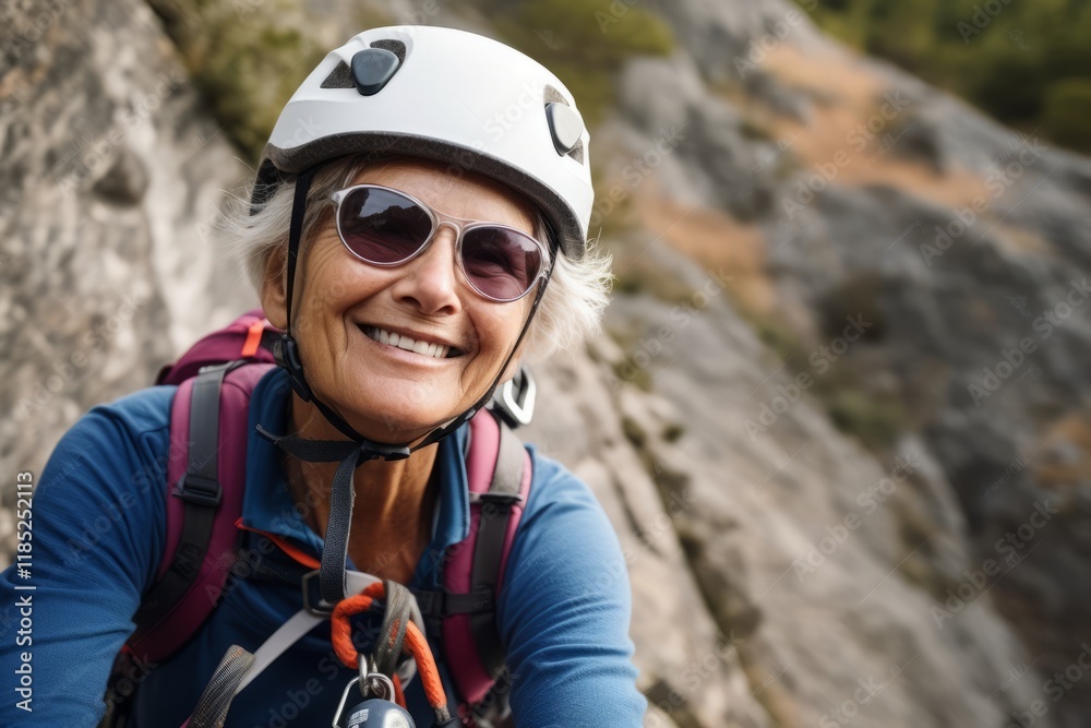 Portrait of smiling senior woman wearing helmet and sunglasses while climbing on a rocky mountain Portrait of smiling senior woman wearing helmet and sunglasses while climbing on a rocky mountain