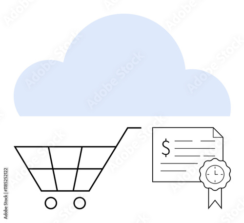 Shopping cart, cloud symbol, document with a seal. Ideal for e-commerce, cloud technology, digital receipts, online transactions, data security modern business solutions web services. Abstract line