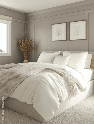 Serene Bedroom Featuring White Bedding and Neutral Decor