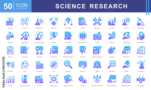 Science Research icon collection set. Containing contributing, systematic, interpretation, evaluation data, planned, scientific studies, socialized icon. Simple vector illustration.