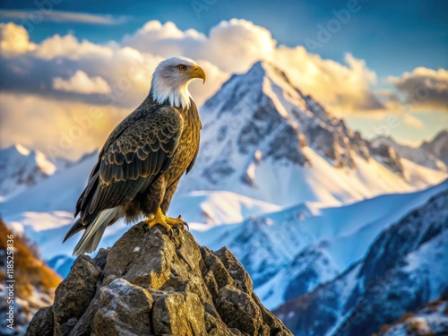 High-resolution candid photo of a bald eagle perched on a rock in the snowy American mountains; a national bird's winter majesty.