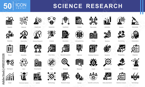 Science Research icon collection set. Containing contributing, systematic, interpretation, evaluation data, planned, scientific studies, socialized icon. Simple vector illustration.