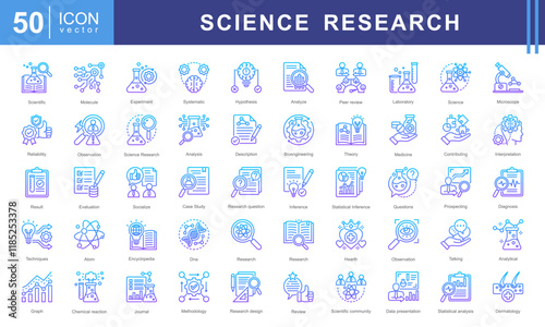 Science Research icon collection set. Containing contributing, systematic, interpretation, evaluation data, planned, scientific studies, socialized icon. Simple vector illustration.