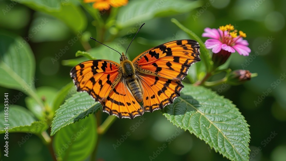 A vibrant orange and black butterfly sprawls across the frame, its stunning wings spread wide, black spots glistening in the sunlight A vibrant orange and black butterfly sprawls across the frame, its stunning wings spread wide, black spots glistening in the sunlight