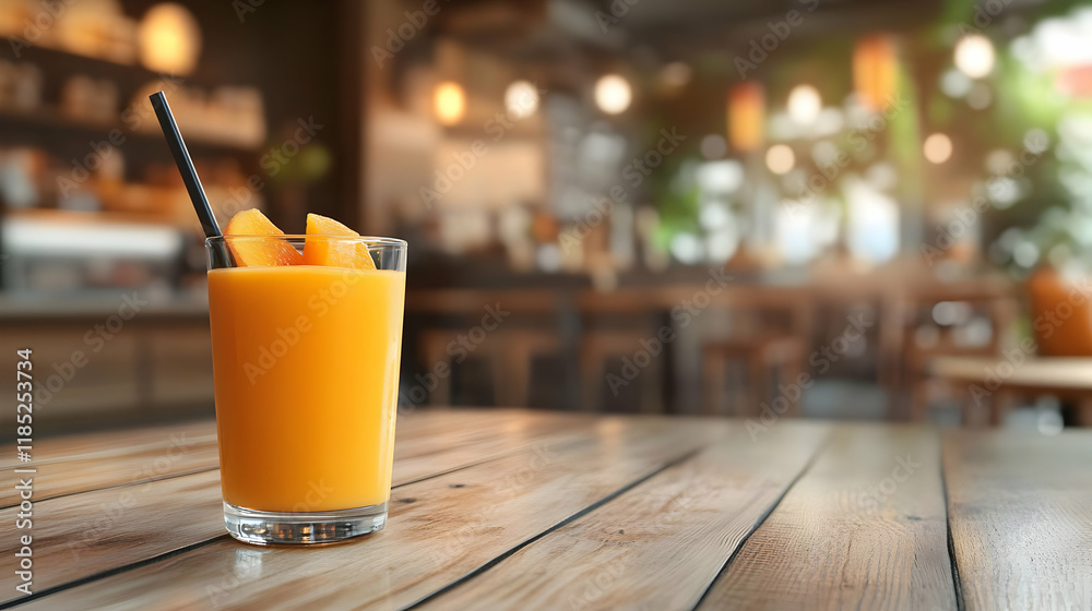 A refreshing glass of orange juice with fruit garnish on a wooden table in a cozy caf?. A refreshing glass of orange juice with fruit garnish on a wooden table in a cozy caf?.