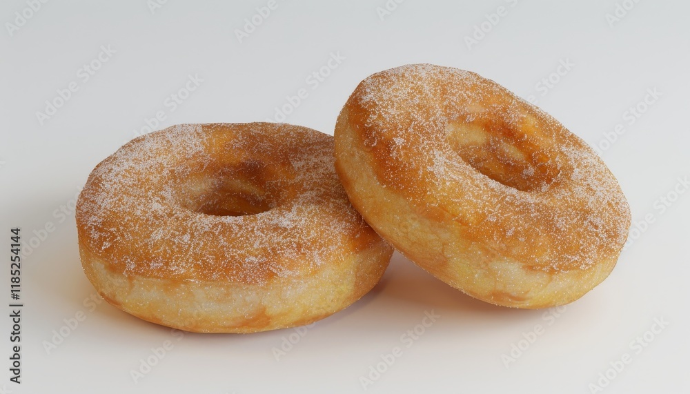 Two freshly baked donuts, dusted with powdered sugar, against a white background. Two freshly baked donuts, dusted with powdered sugar, against a white background.