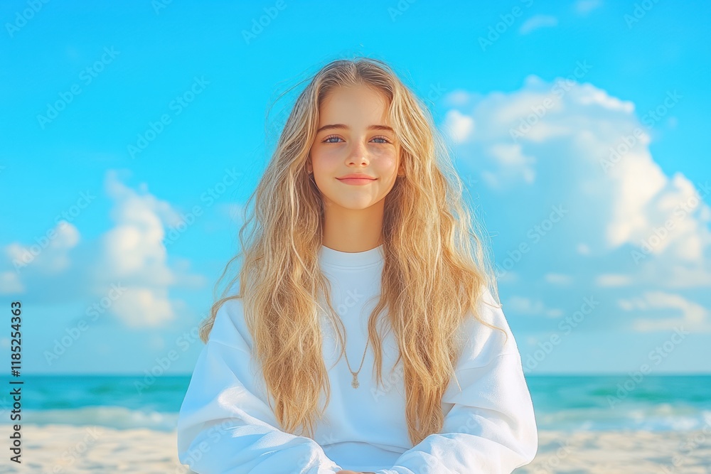 Blissful Beach Day: Serene Blonde Woman Soaking Up the Sun Blissful Beach Day: Serene Blonde Woman Soaking Up the Sun