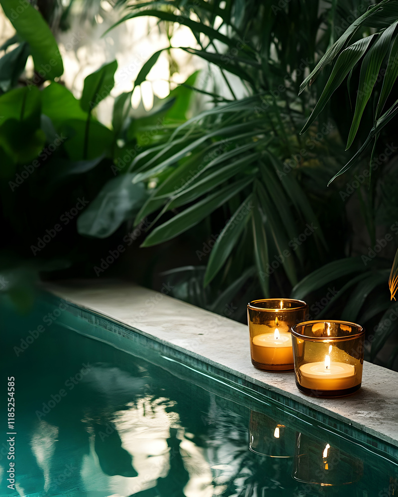 A serene setting with candles beside a tranquil pool, surrounded by lush greenery. A serene setting with candles beside a tranquil pool, surrounded by lush greenery.
