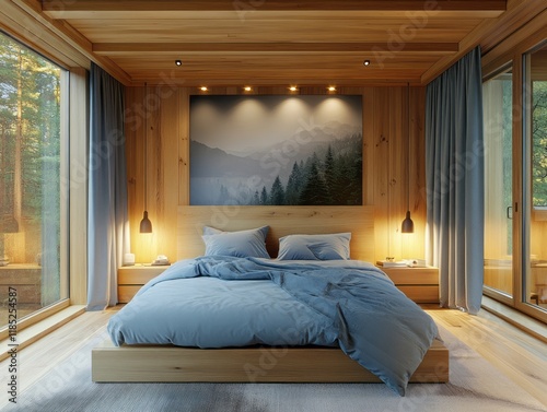 Wooden Bedroom With Mountai...
