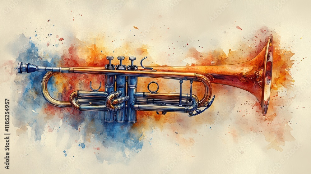 A vibrant watercolor illustration of a brass trumpet showcasing the intricate details and colorful artistic splashes, symbolizing the harmony and passion of music. A vibrant watercolor illustration of a brass trumpet showcasing the intricate details and colorful artistic splashes, symbolizing the harmony and passion of music.