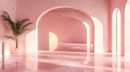 A serene interior featuring soft pink tones and arches, creating a tranquil atmosphere.