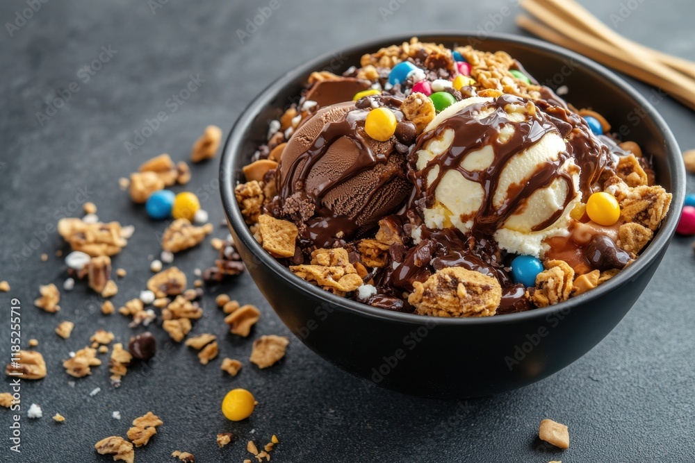 Delicious Chocolate and Vanilla Ice Cream Sundae with Colorful Toppings and Crunchy Granola for a Perfect Dessert Experience Delicious Chocolate and Vanilla Ice Cream Sundae with Colorful Toppings and Crunchy Granola for a Perfect Dessert Experience