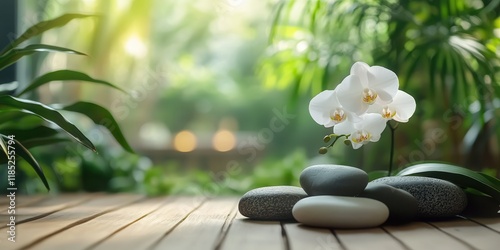 Calm indoor setting with an orchid flower, stones, and lush greenery capturing a serene atmosphere in natural light.  photo