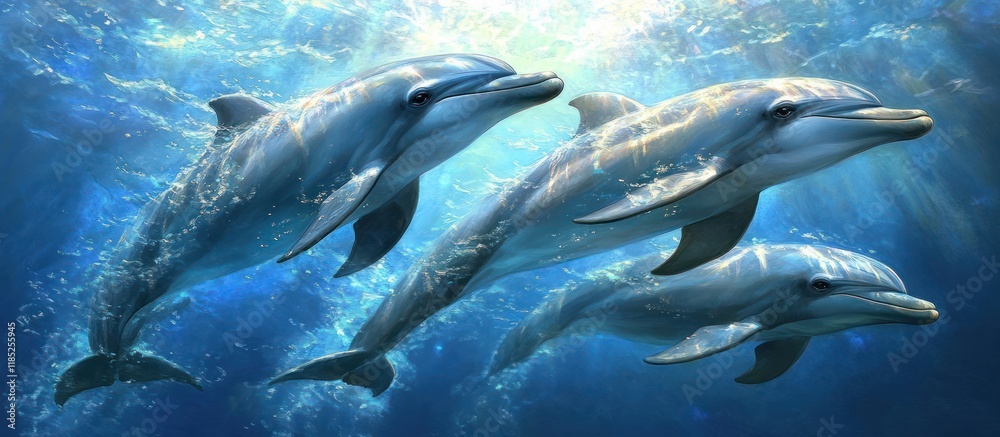 Fototapeta premium Three dolphins swimming gracefully in sunlit ocean.