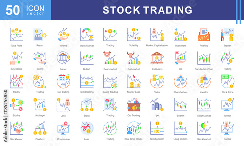 Stock Trading icon collection set. Containing exchange, stock market, shareholder, investor, broker, stock trader, capital icon. Simple vector illustration.