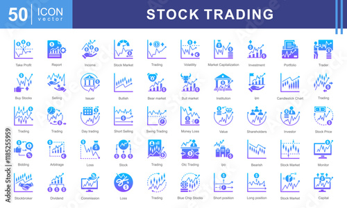 Stock Trading icon collection set. Containing exchange, stock market, shareholder, investor, broker, stock trader, capital icon. Simple vector illustration.