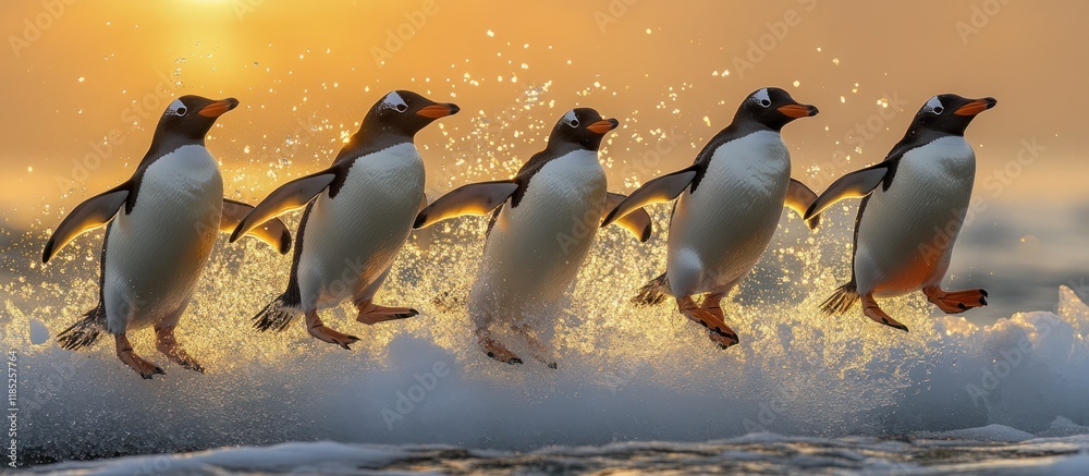 Obraz premium Five penguins jumping over waves at sunset.