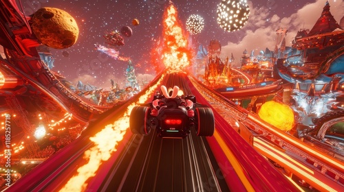 Vibrant, digital, racing track through a fantasy, neon-lit,  fire-infused cityscape, with a vehicle. photo